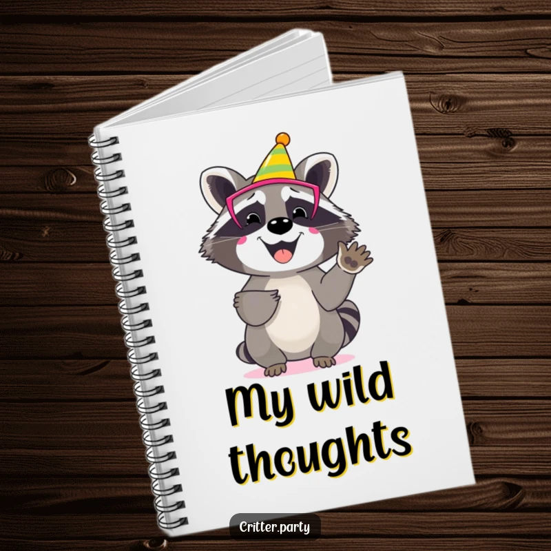 Funny raccoon notebook featuring a happy character in a colourful party mask, enthusiastically clapping its paws for inspiration.