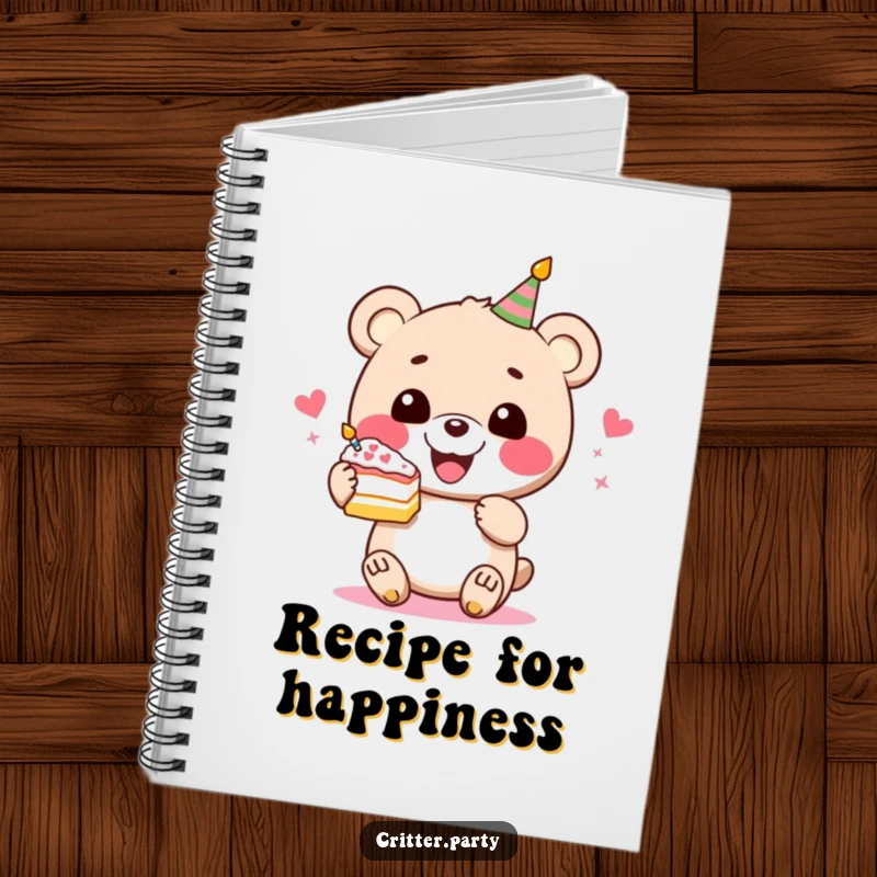 Funny bear cake notebook featuring a perky bear character gleefully holding a slice of festive cake, ideal for journaling.