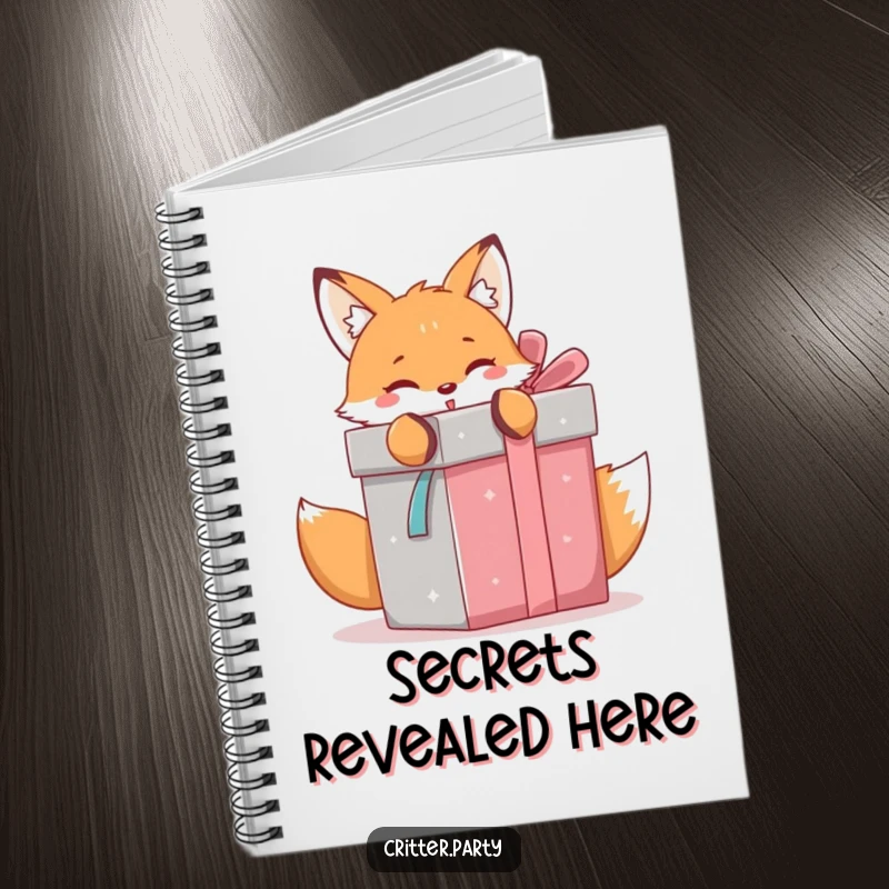 Funny kawaii fox eagerly unwrapping a giant gift box, a notebook for jotting down gift ideas and creative plans.
