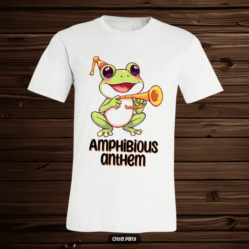 Funny t-shirt featuring a happy frog character playing a small trumpet with a wide smile.