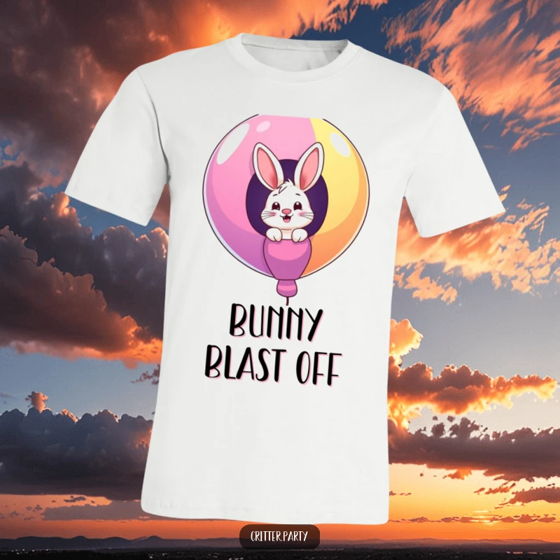 Funny t-shirt with a giggling bunny character peeking out from a giant, colorful balloon, symbolizing joy and playful mischief.