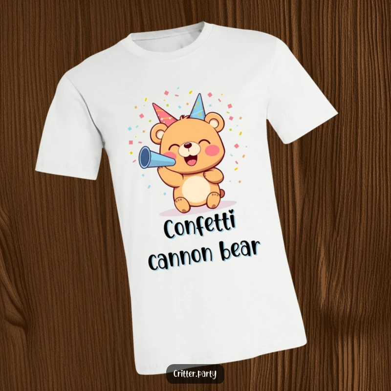 Funny T-shirt featuring a happy bear character blowing colorful confetti from a party horn with a huge, beaming smile.