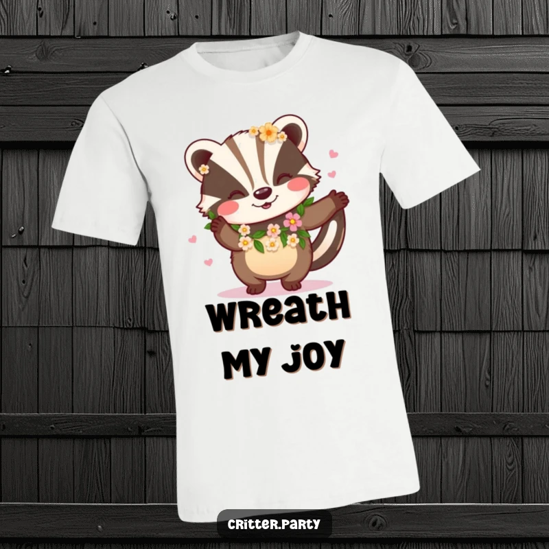 Funny t-shirt featuring a happy badger wearing a garland of flowers and dancing joyfully, full of life and whimsy.