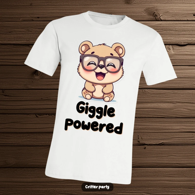 Funny bear cub character with oversized novelty glasses, laughing heartily, printed on a soft t-shirt, perfect funny gift.
