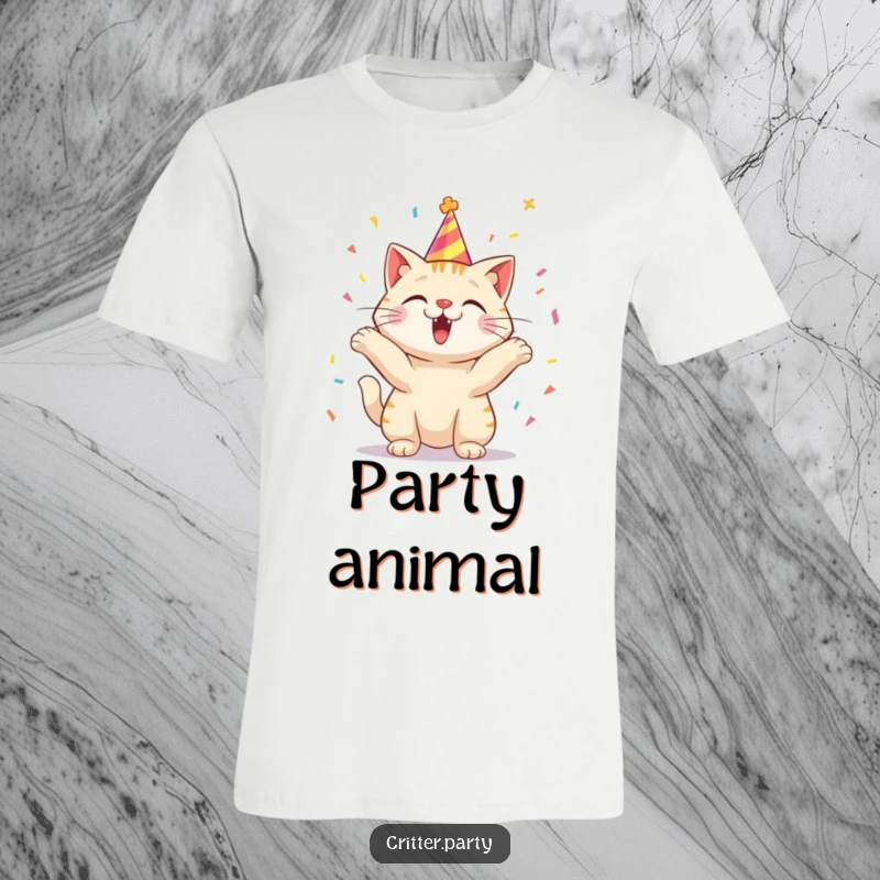 Funny t-shirt featuring an excited cat in a party hat, joyfully throwing confetti.