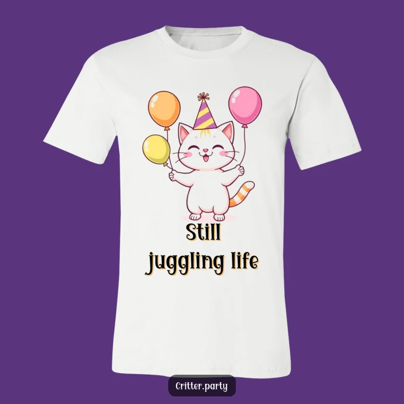 Funny Cat Party Hat Tee: Hilarious Juggling Balloons Shirt for Ultimate Fun