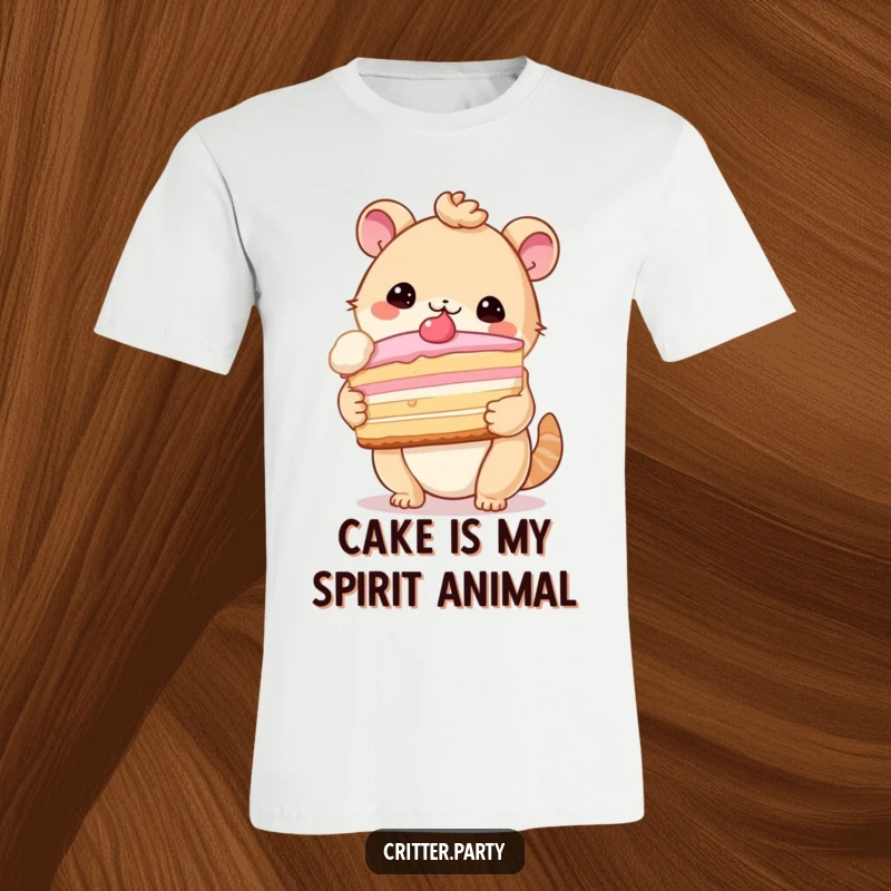 Funny t-shirt depicting a cute critter struggling playfully with a comically large slice of cake, expressing sweet delight.