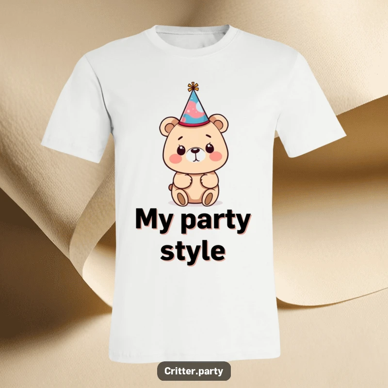 Funny curious bear attempting to wear a tiny, crooked party hat on a comfortable t-shirt, showcasing a moment of delightful awkwardness.