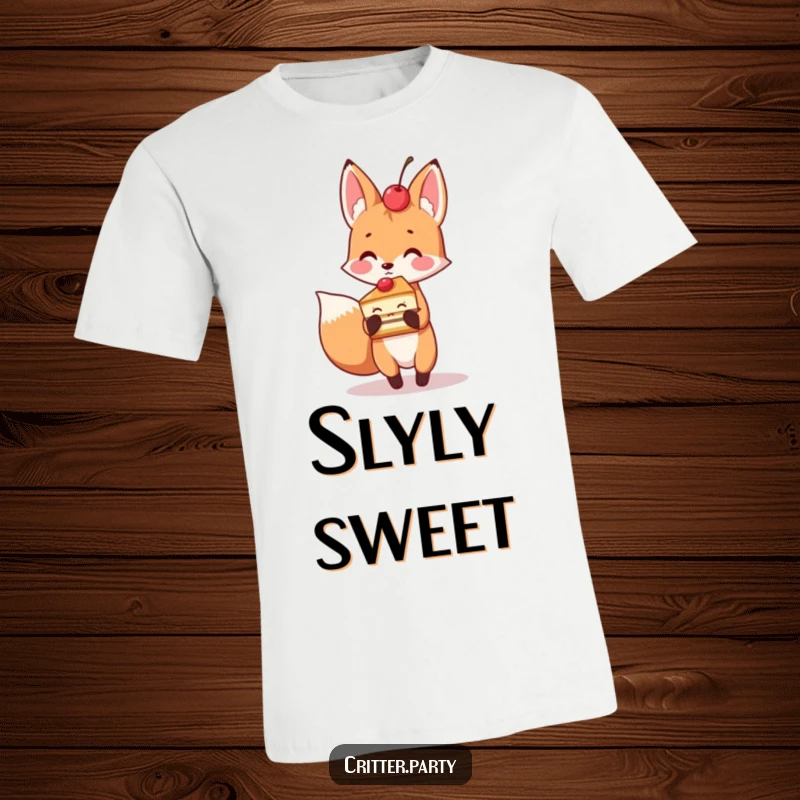 Playful fox character holding a slice of cake with a cherry on top, a humorous and charming t-shirt.