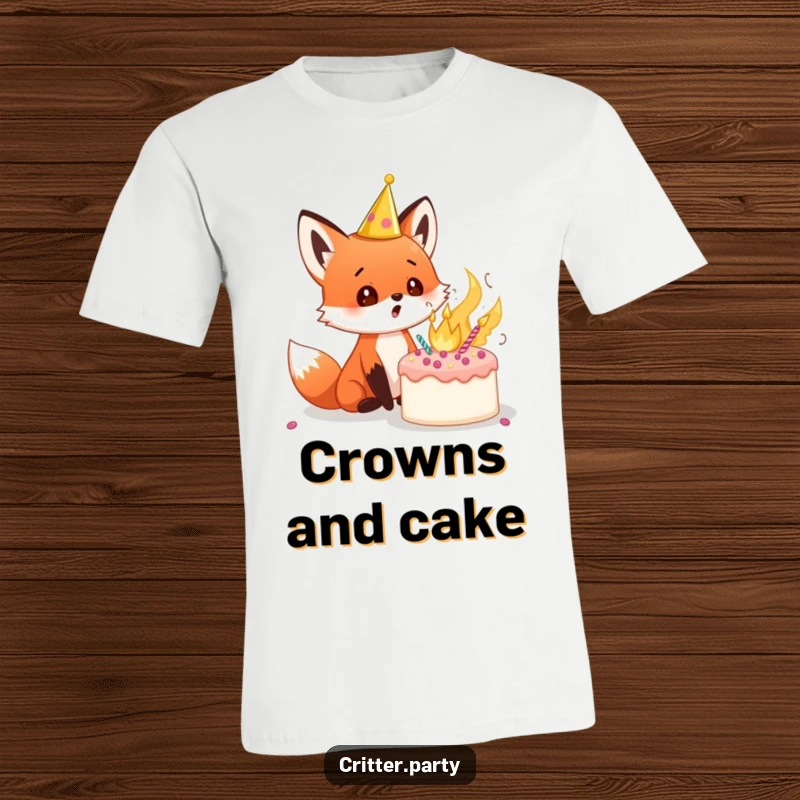 Funny red fox cub t-shirt with a party crown, staring in shock at a cake exploding with frosting and candles, ideal for a funny gift.