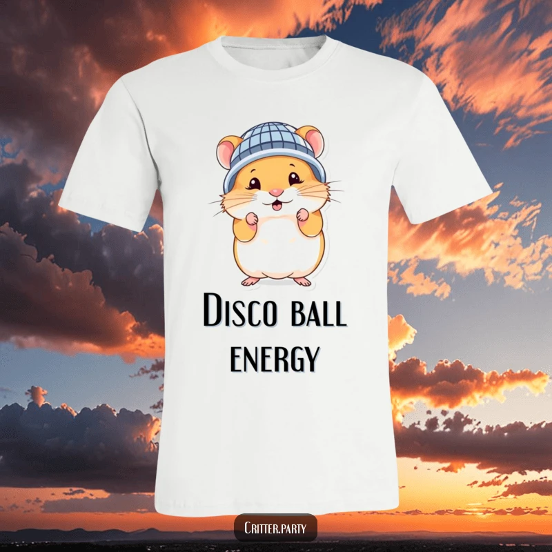 Funny hamster t-shirt with a cute character sporting a tiny disco ball helmet and striking an amusingly silly dance pose.