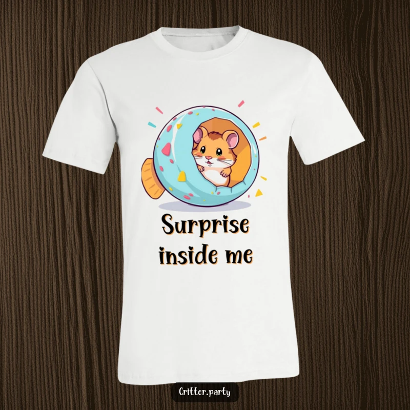 Funny t-shirt featuring a curious hamster popping out of a giant, colorful party popper, celebrating with confetti.