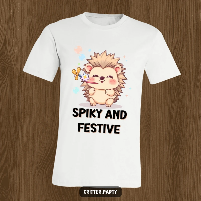 Funny Hedgehog T-Shirt: A beaming hedgehog enthusiastically pops a party popper, scattering a cascade of colorful bubbles.