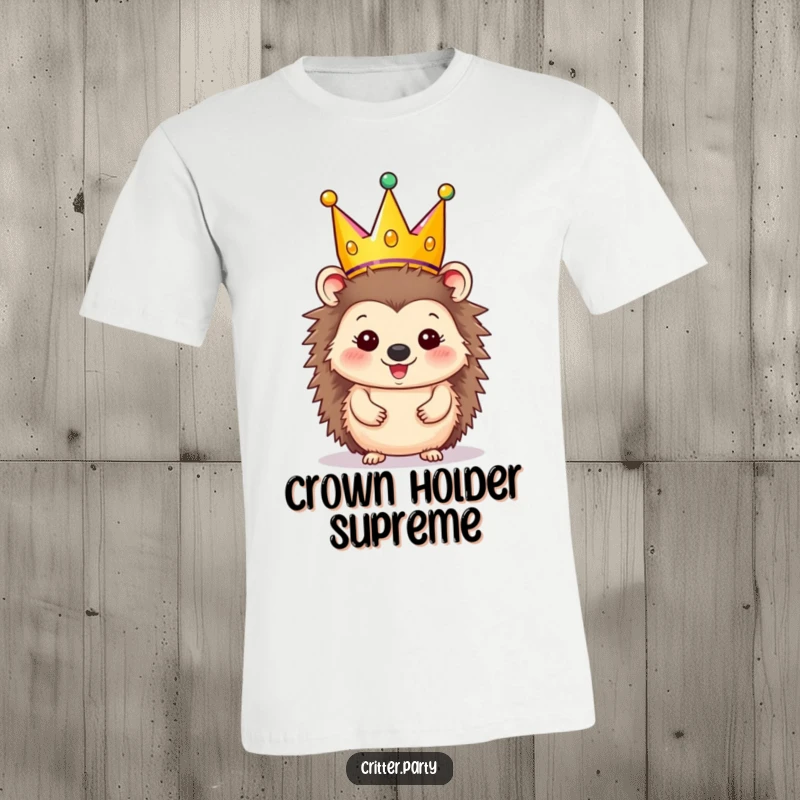 Funny T-Shirt: Happy hedgehog character wearing a festive party crown that’s a bit too big, looking cheerful.