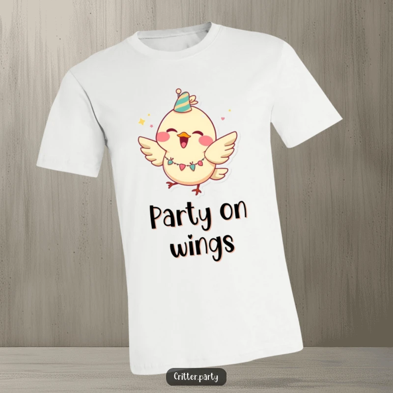 Funny bird t-shirt featuring a joyful character with a huge grin and party garland, happily fluttering with excitement.