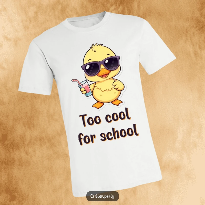 Funny Kawaii duckling in sunglasses holding a tiny drink on a t-shirt, radiating cool and humorous vibes.