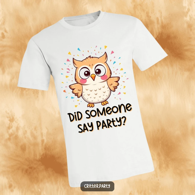 Funny kawaii owl character startled by a vibrant confetti explosion graphic on a comfortable t-shirt, ideal funny gift.
