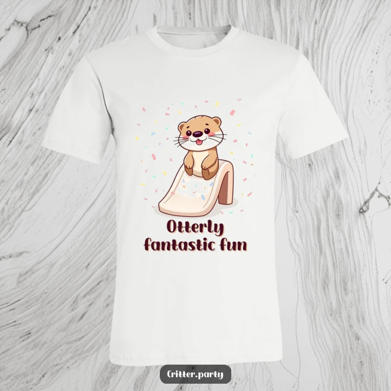 Funny t-shirt showcasing a joyful otter smoothly sliding down a shimmering confetti slide, capturing a moment of pure, unadulterated aquatic fun.