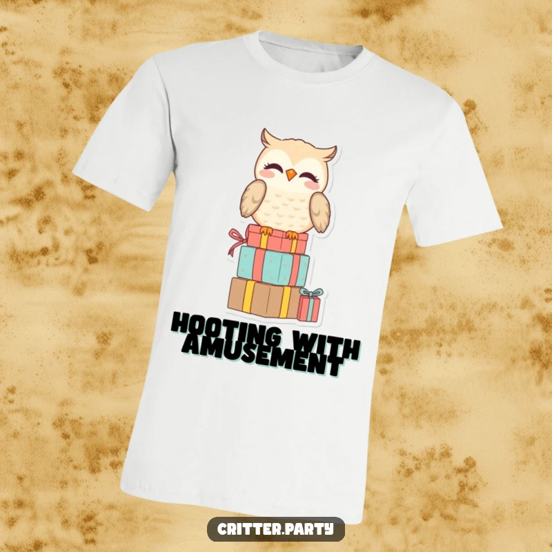 Funny t-shirt with a smiling owl perched on a stack of presents, looking amused, symbolizing cleverness and festive cheer.