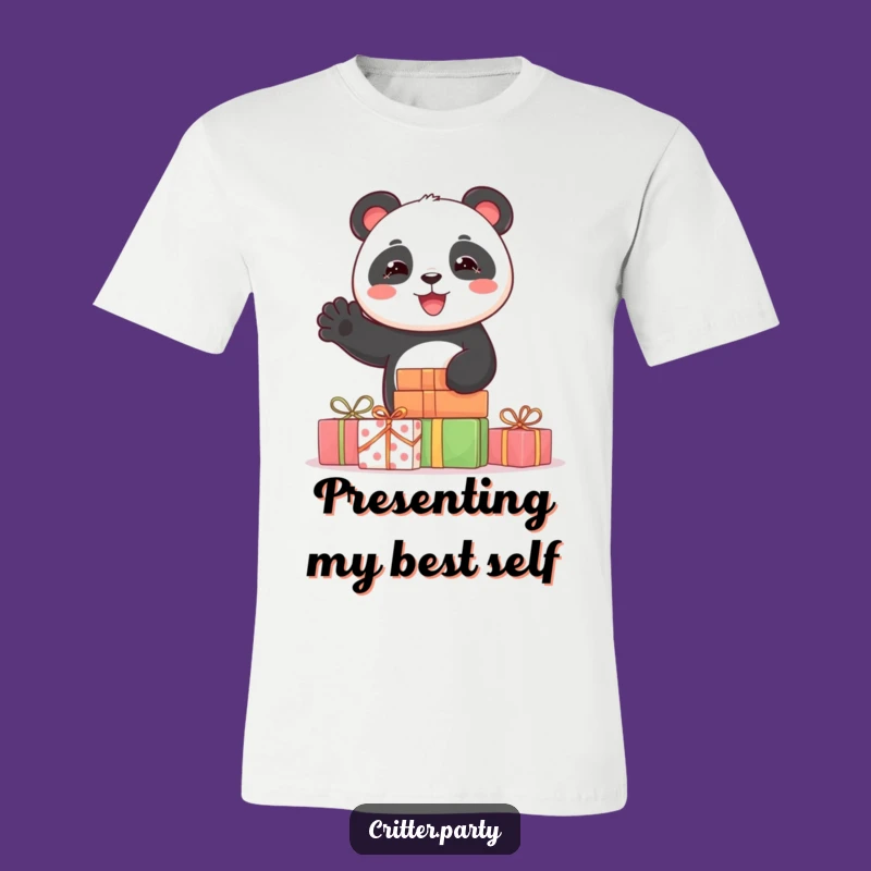 Funny Panda T-Shirt: Joyful Panda Waving from Presents, Hilarious Animal Lover Tee