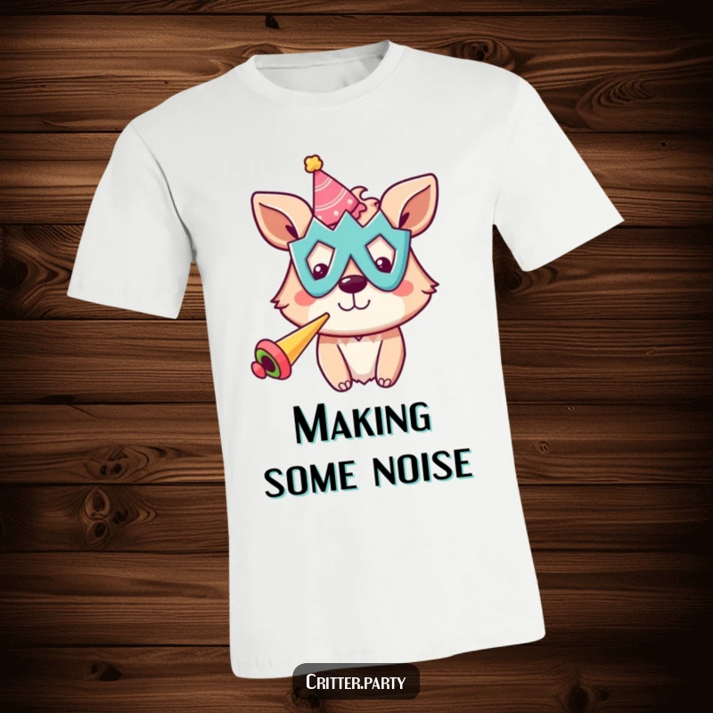 Funny t-shirt depicting a cheerful animal wearing a silly mask, loudly blowing a party horn amidst colorful confetti.