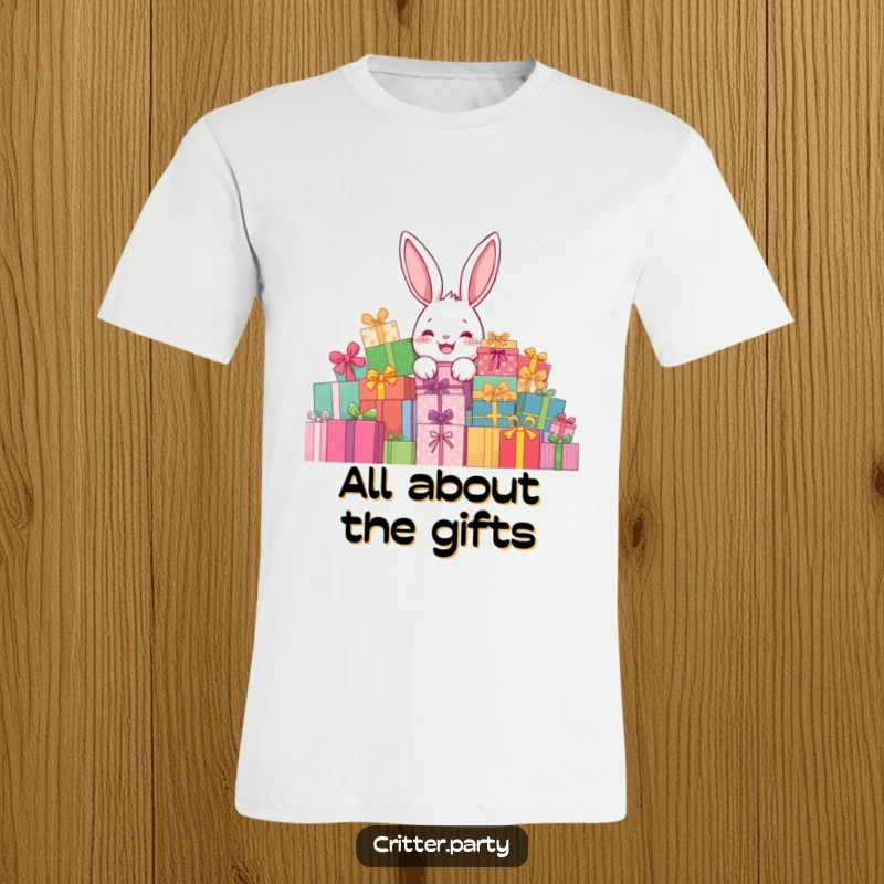 Funny rabbit present t-shirt featuring a delighted rabbit character peeking from behind a giant pile of presents, perfect for holidays.