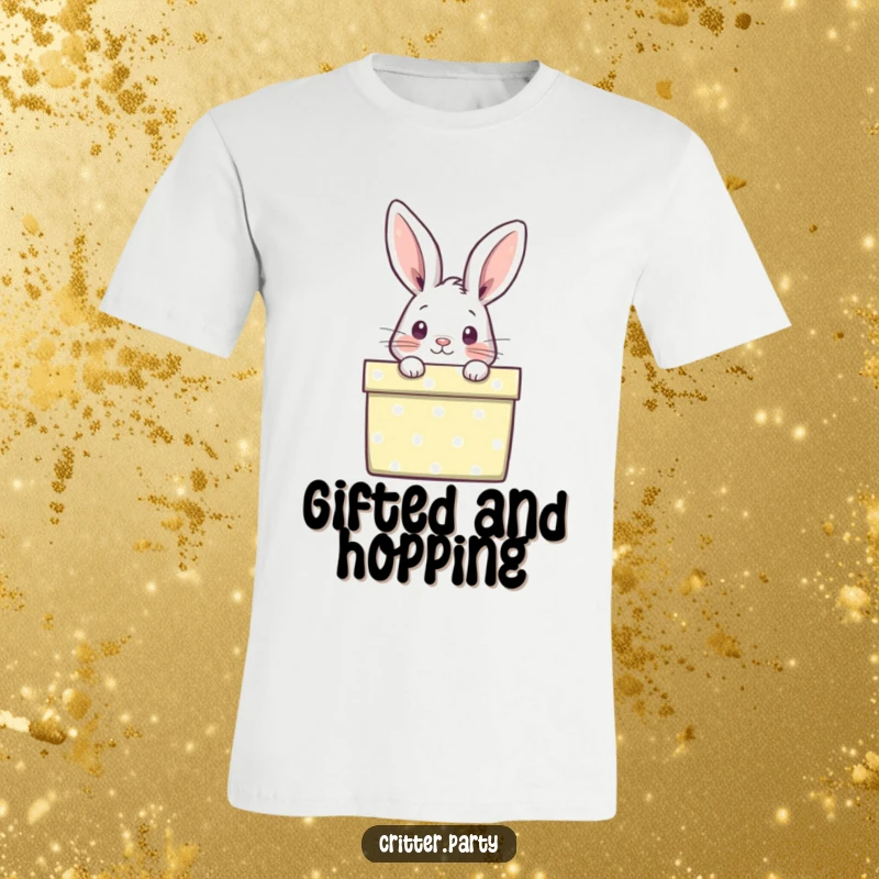 Funny t-shirt with a curious rabbit peeking out from a brightly wrapped gift box, symbolizing playful curiosity and delightful surprises.