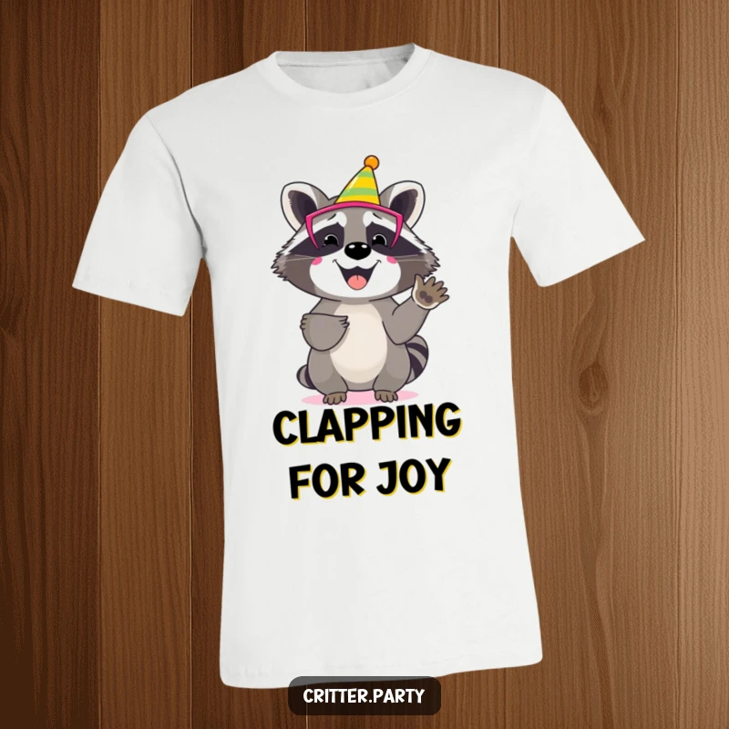 Funny raccoon t-shirt with a happy character in a colourful party mask, clapping its paws with evident enthusiasm.