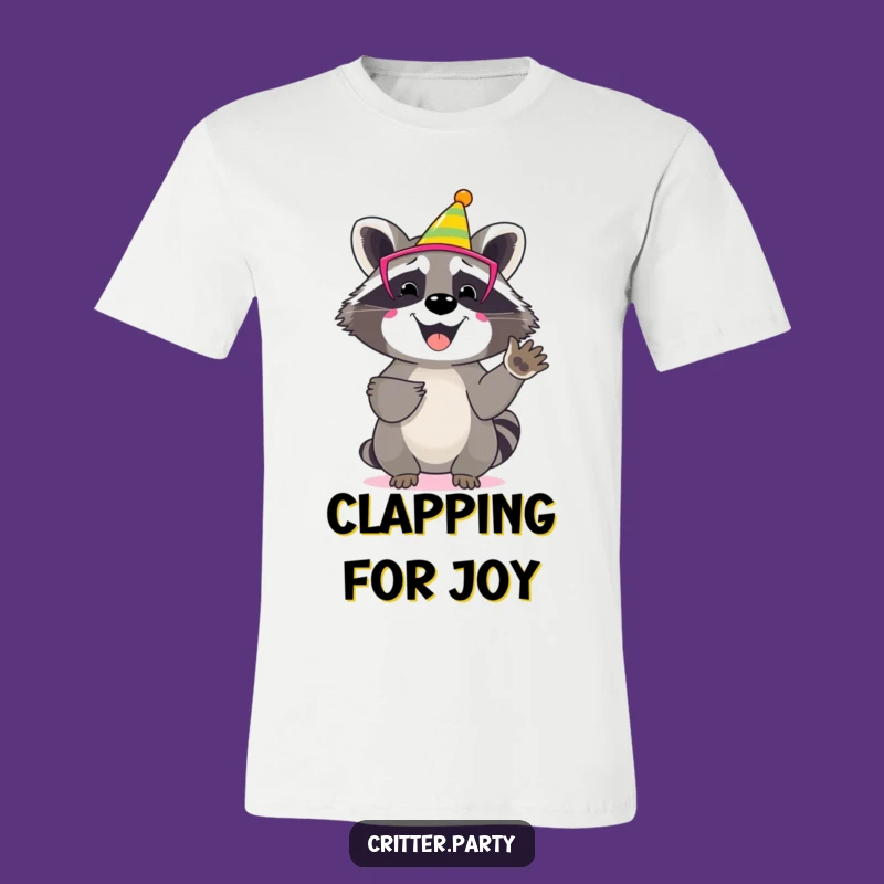 Funny Raccoon Party Mask T-Shirt: Cheerful Clapping Character Tee