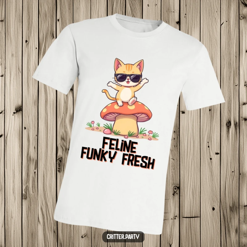 Funny t-shirt showcasing a winking cat sporting sunglasses, joyfully dancing atop a large, psychedelic mushroom.