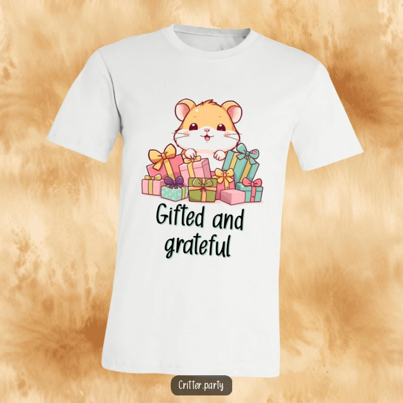 Funny t-shirt depicting a playful hamster peeking out from behind a large pile of wrapped gifts, conveying surprise and excitement.