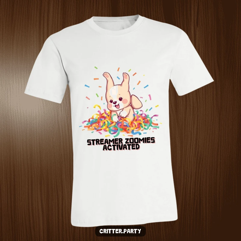 Funny T-Shirt: A cute puppy character energetically tries to do a somersault, surrounded by a colorful explosion of streamers.