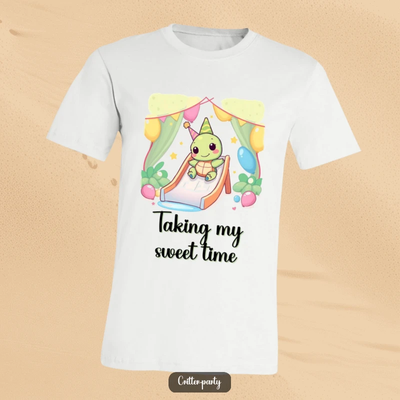 Funny Kawaii turtle happily sliding down a party slide on a t-shirt, embodying slow, cheerful fun.