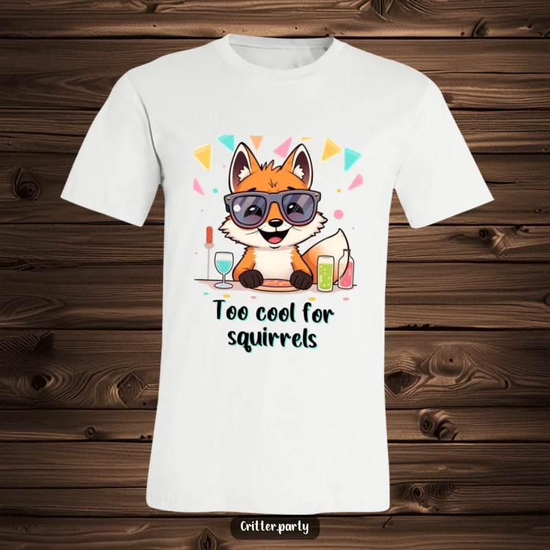 Hilarious grinning fox sporting oversized, comical novelty glasses at a party table, printed on a t-shirt for maximum amusement.