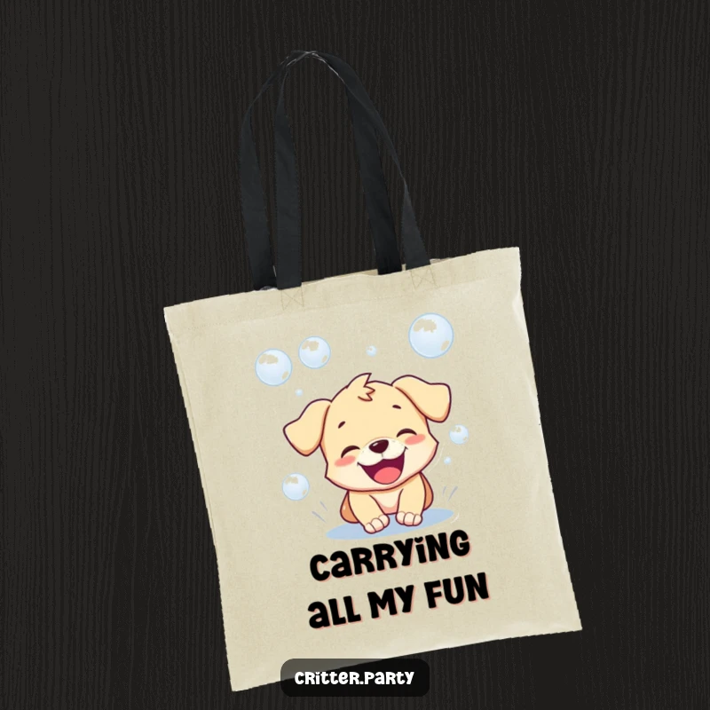 Funny tote bag depicting a playful puppy joyfully chasing bubbles with its mouth open in a happy, gleeful expression.