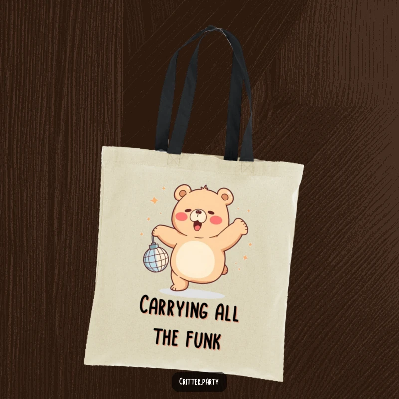 Funny chubby bear energetically dancing with a tiny disco ball, printed on a durable tote bag for all your party essentials.