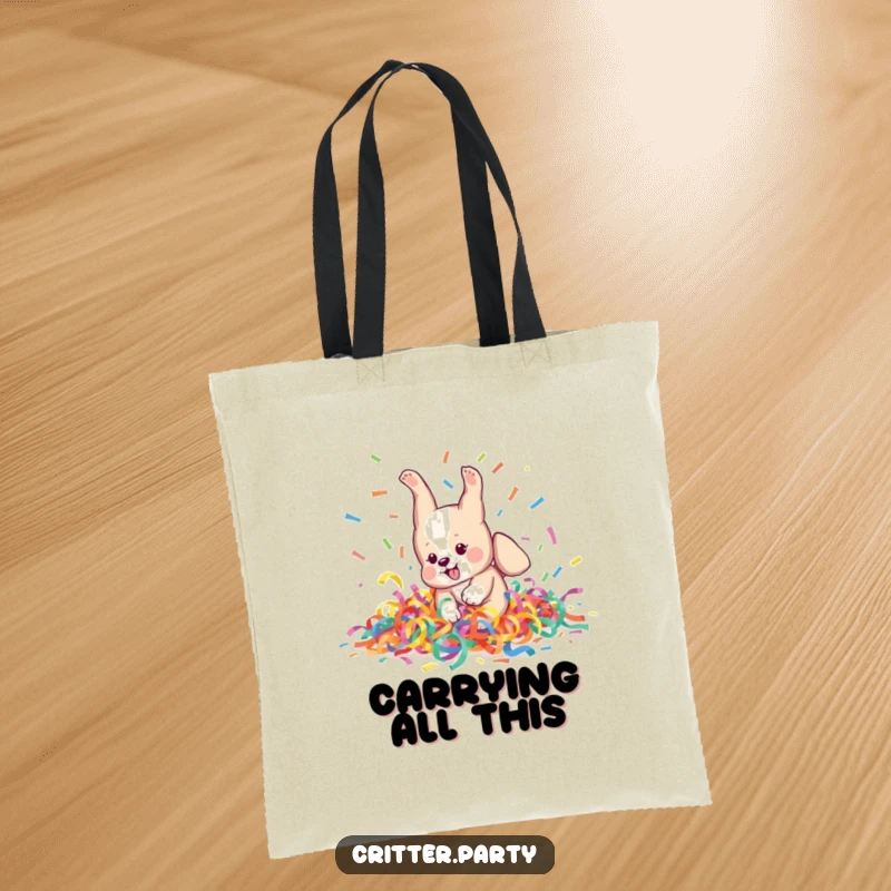 Funny Tote Bag: A playful puppy character attempts a somersault, surrounded by a festive explosion of colorful streamers, full of energy.