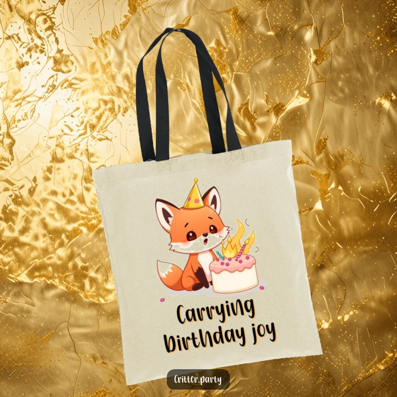 Funny red fox cub tote bag with a party crown, wide-eyed at a cake exploding with frosting, symbolizing delightful chaos, excellent for a funny gift.