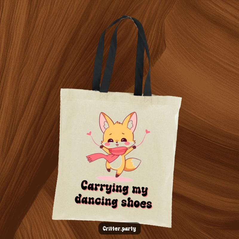Funny cute fox dancing with a streamer scarf, radiating happiness, printed on a durable tote bag, excellent funny gift.