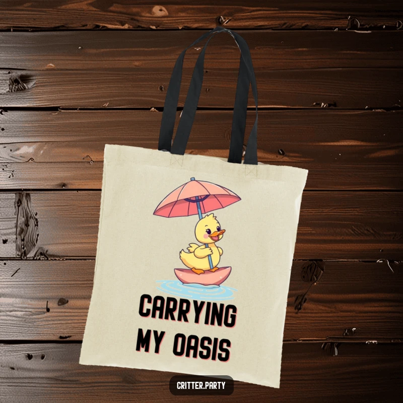 Funny duckling tote bag with a happy duckling riding an oversized cocktail umbrella, perfect for carrying essentials with tropical charm.