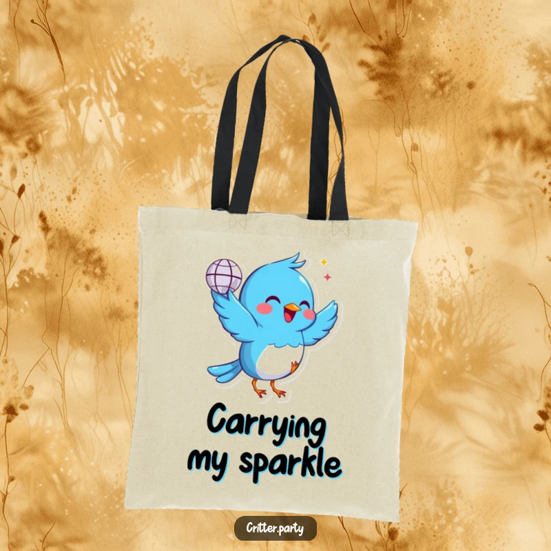 Funny blue bird tote bag holding a tiny disco ball, dancing with joy, symbolizing fun and celebration, excellent for a funny gift.