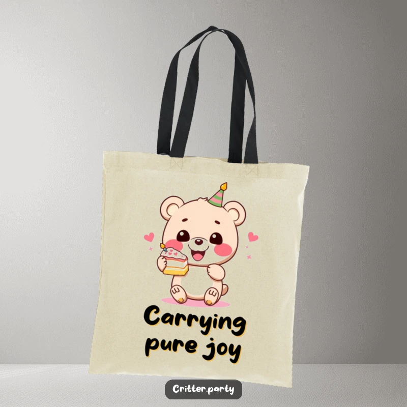 Funny bear cake tote bag featuring a perky bear character gleefully holding a slice of festive cake, a stylish and humorous accessory.