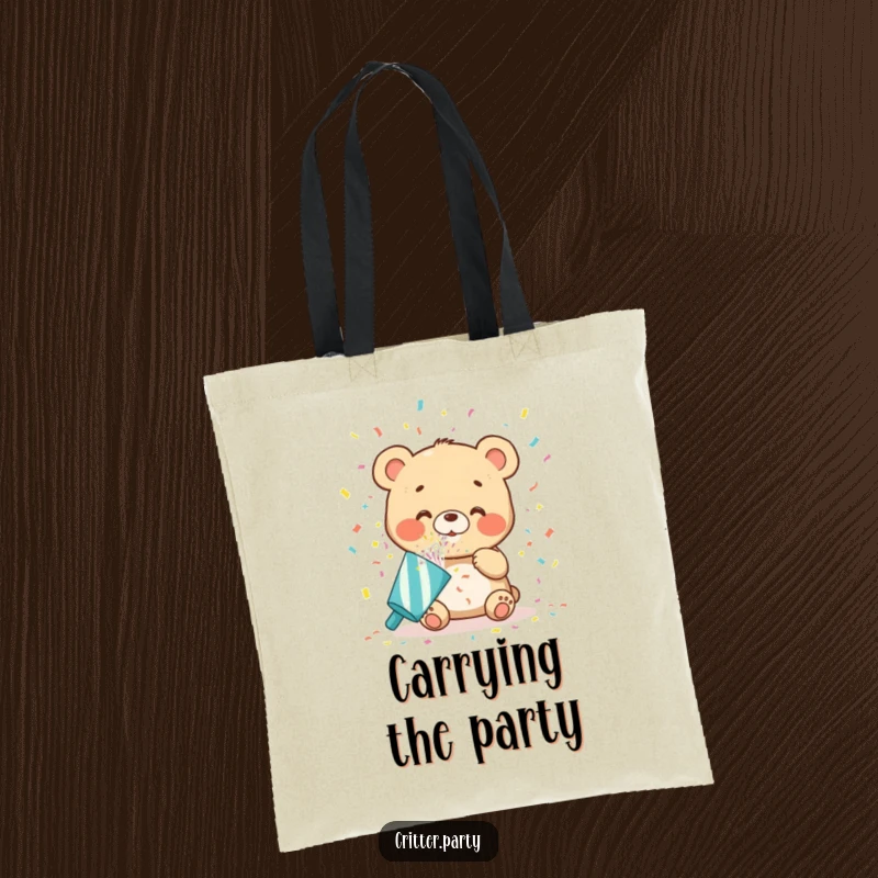 Funny bear cub tote bag unleashing a vibrant stream of confetti from a party popper, symbolizing boundless joy and celebration, excellent for a funny gift.