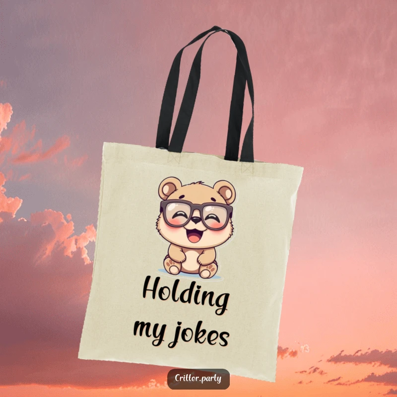Funny bear cub with oversized novelty glasses, laughing heartily, on a durable tote bag, an excellent funny gift.
