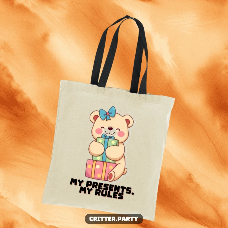 Funny tote bag featuring a happy bear embracing a generous stack of colorful, gift-wrapped presents, perfect for shopping or carrying essentials.
