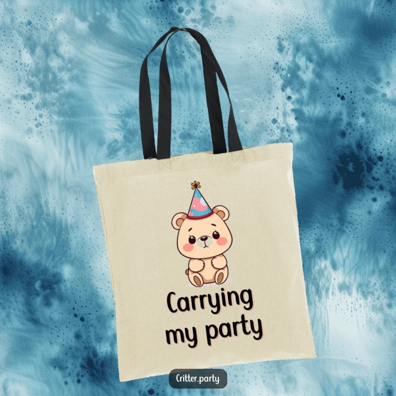 Funny bear tote bag with a small, crooked party hat, showing the bear's curious attempt to wear it, great for shopping trips.