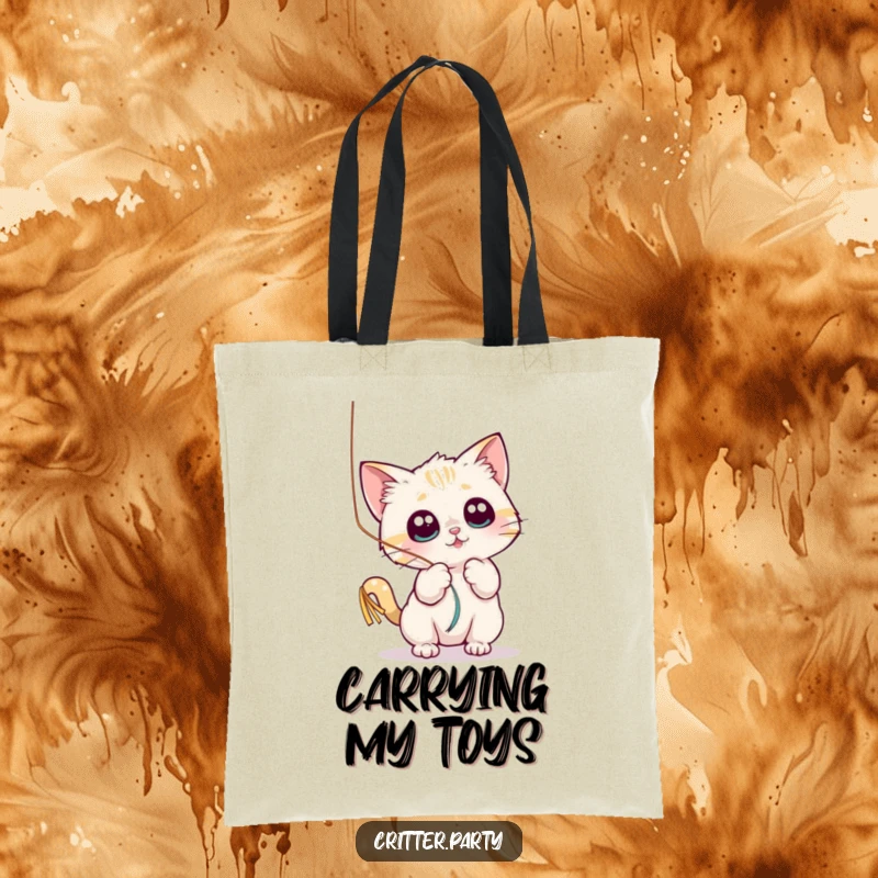 Funny tote bag showcasing a small cat character playfully batting at a shiny, dangling streamer with wide, fascinated eyes.