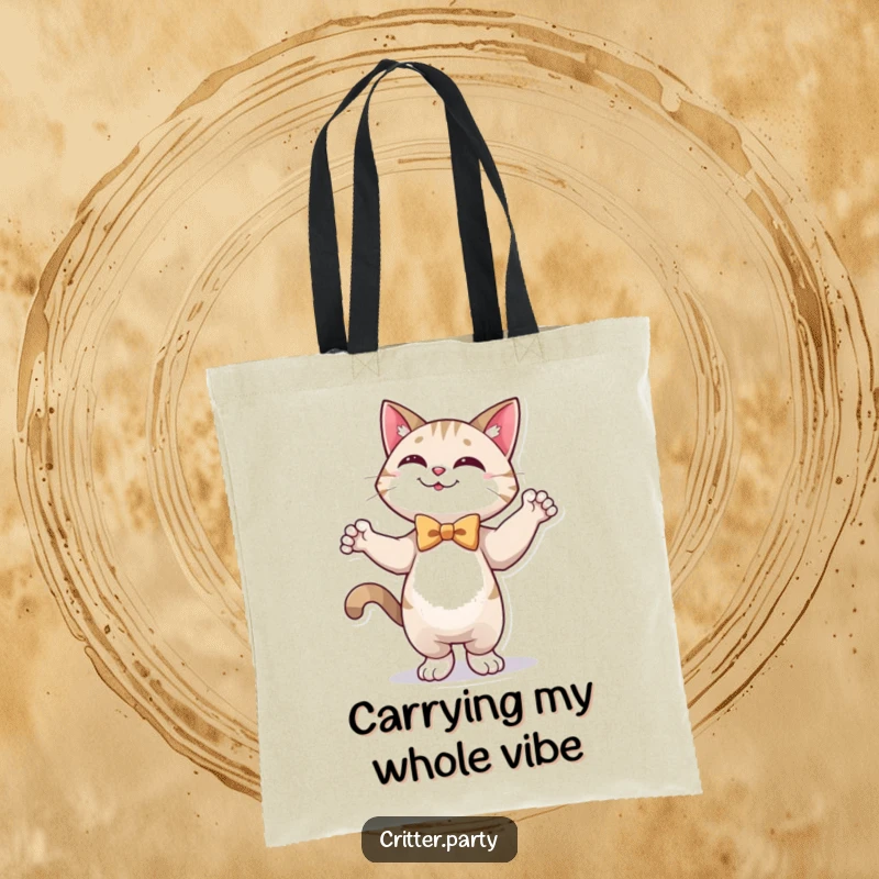 Funny tote bag featuring a happy cat in a festive bow tie, captured mid-dance with a joyful and energetic pose.