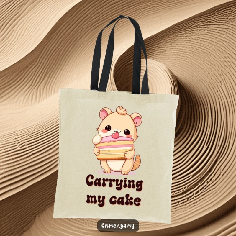 Funny tote bag with a cute critter proudly holding a ridiculously large slice of cake, symbolizing sweet celebrations.