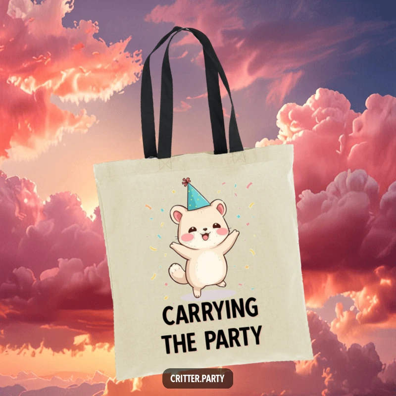 Funny tote bag adorned with a small, happy animal character in a party hat, dancing joyfully with confetti all around.